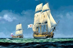 "Jorrando una presa", pintura de Carlos Parrilla. Representa a un navío de 74 cañones español remolcando a una fragata británica apresada. Similar episodio se dio en la gran captura del convoy británico en el que el navío "Ángel de la Guardia" de esta entrada participó.