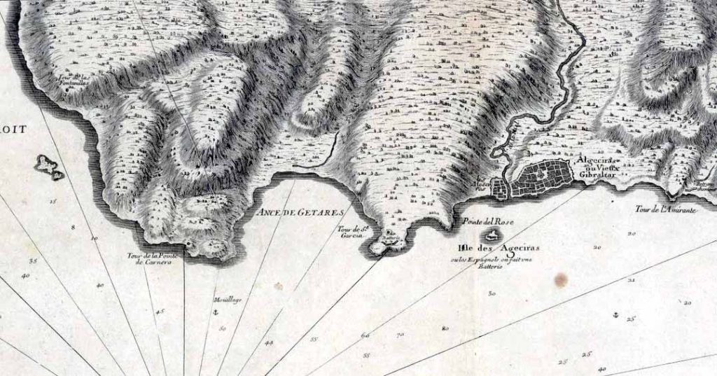 Detalle del Mapa de la Bahía de Algeciras de 1727 en el que podemos ver Algeciras y sus alrededores.