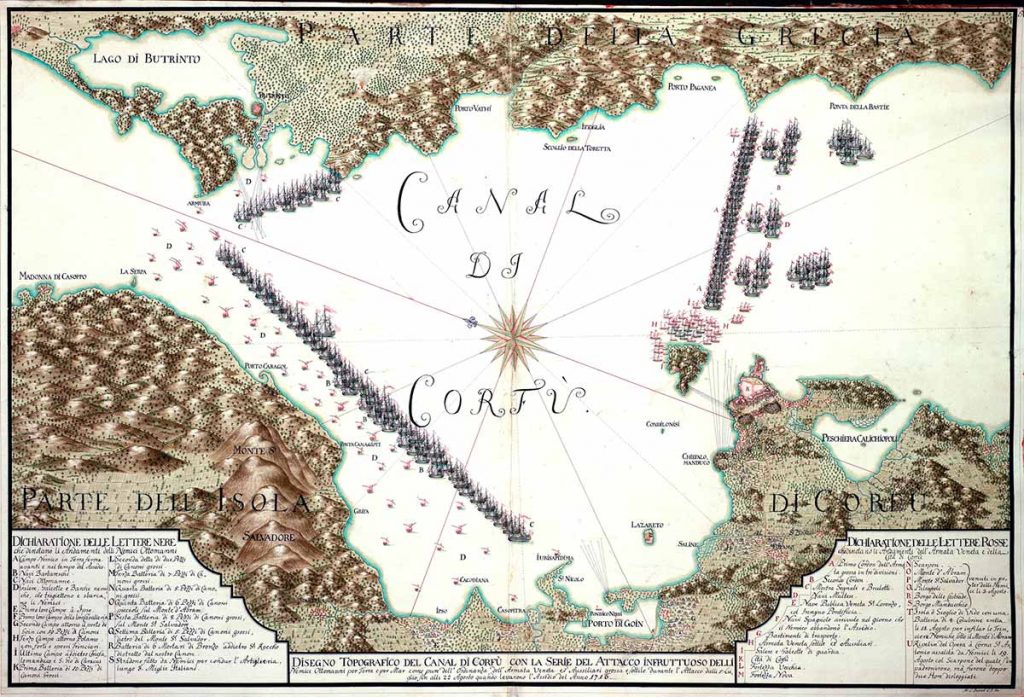 Dibujo topográfico del canal de Corfú con la serie del ataque fallido de los enemigos otomanos en la tierra y en el mar, así como la orden del ejército veneciano y auxiliar durante el ataque del 5 de julio al 22 de Agosto cuando levantaron el Sitio del Año 1716