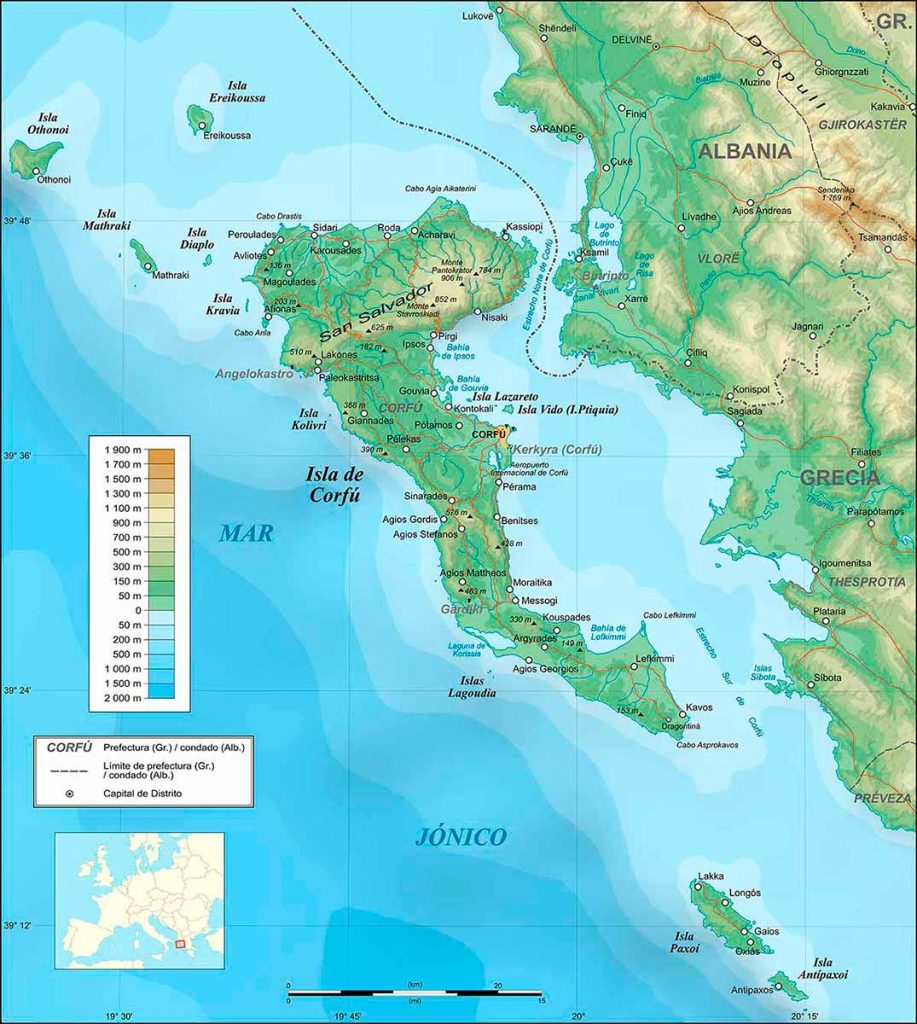 Mapa de la Isla de Corfú. 