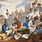 Marineros británicos comiendo y bebiendo a bordo de un navío de línea