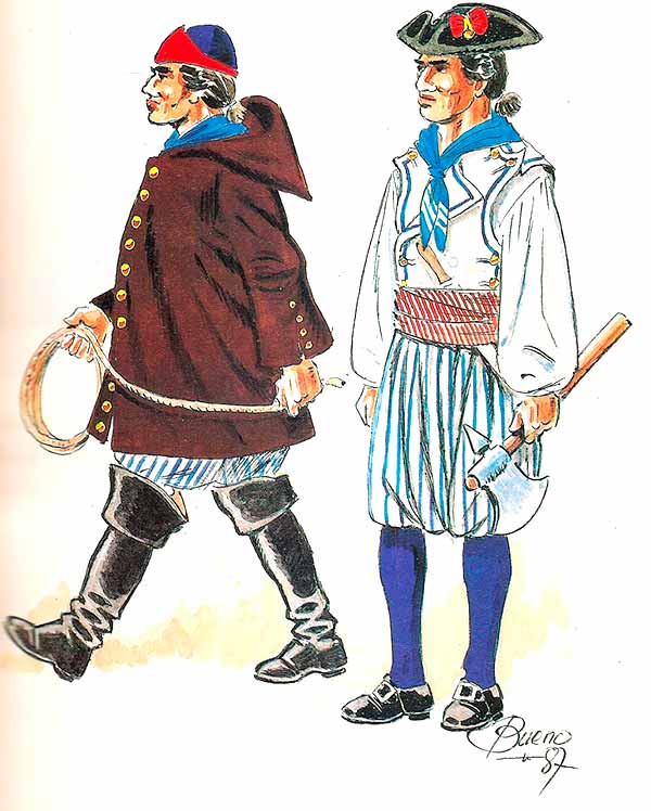 Marineros españoles con traje de servicio en invierno y en paseo, de 1745