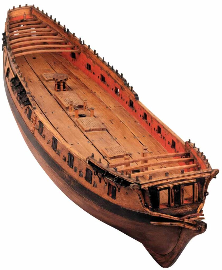 Vista superior del modelo de arsenal del jabeque Aventurero. Museo Naval de Madrid.