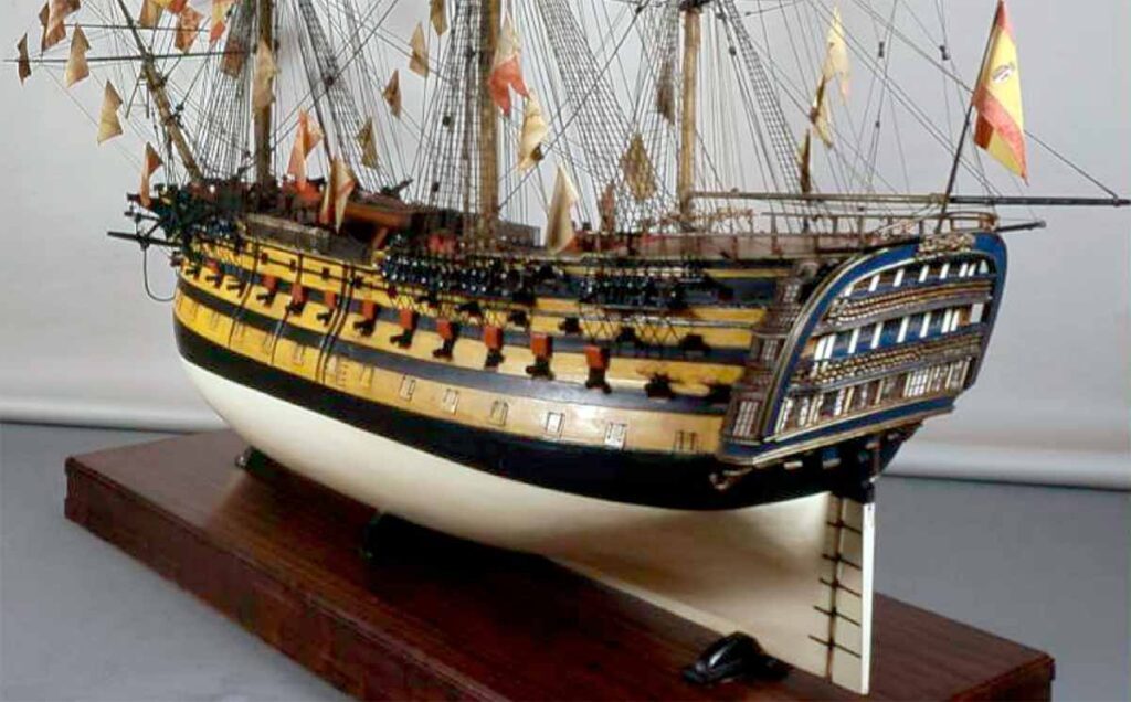 Vista del modelo del navío Santa Ana por la aleta de babor. Imagen del Museo Naval de Madrid.