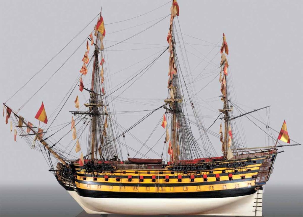 Vista longitudinal del modelo del navío Santa Ana. Imagen del Museo Naval de Madrid.