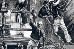 "El motín en Spithead: arriando la bandera roja en el Royal George, 1797", por William Heysham Overend.