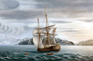 Momento en que la dotación del navío Fernando VII abandona el buque. Pintura editada y coloreada por Todo a babor, en base a un anónimo del siglo XIX, cuyo original se encuentra en el Museo Naval de Madrid.