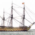 Navío español del porte de 112 cañones fondeado visto por su medianía o portalón. Grabado de Agustín Berlinguero. Museo Naval de Madrid.
