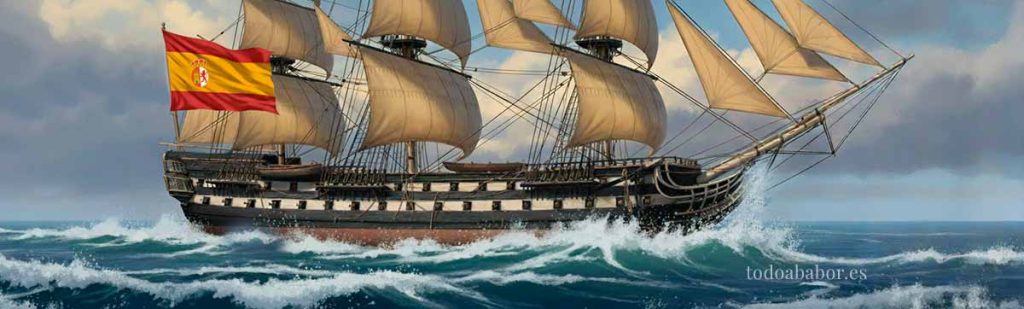 Navío Algeciras en uno de sus numerosos viajes que hizo entre la Península y América durante la guerra contra los franceses. Pintura de Todo a babor.