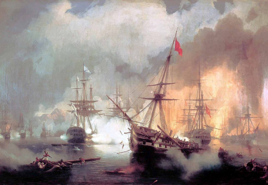 La batalla de Navarino, 20 de octubre de 1827. Vemos al navío Azov a la izquierda de la imagen abriendo fuego contra los otomanos. 