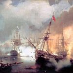 La batalla de Navarino, 20 de octubre de 1827. Vemos al navío Azov a la izquierda de la imagen abriendo fuego contra los otomanos.
