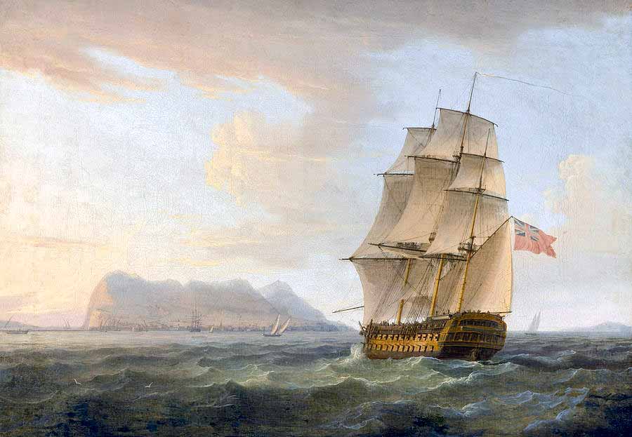 Un buque de guerra británico ante el Peñón de Gibraltar. Pintura de Thomas Whitcombe. Fine Art America.