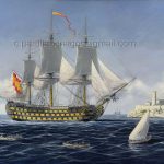 Preparándose para la guerra (Crisis de Nutka, 1790) Navío Conde de Regla, de 112 cañones. Pintura de Carlos Parrilla. Esta era otra de las soberbias unidades que se pusieron a disposición de la Armada.