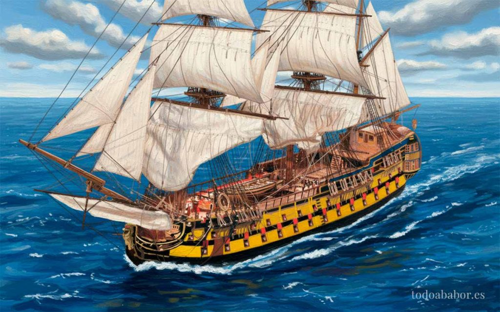 Navío Conquistador, el quinto de su nombre, navegando en 1793. Pintura de Todo a babor.