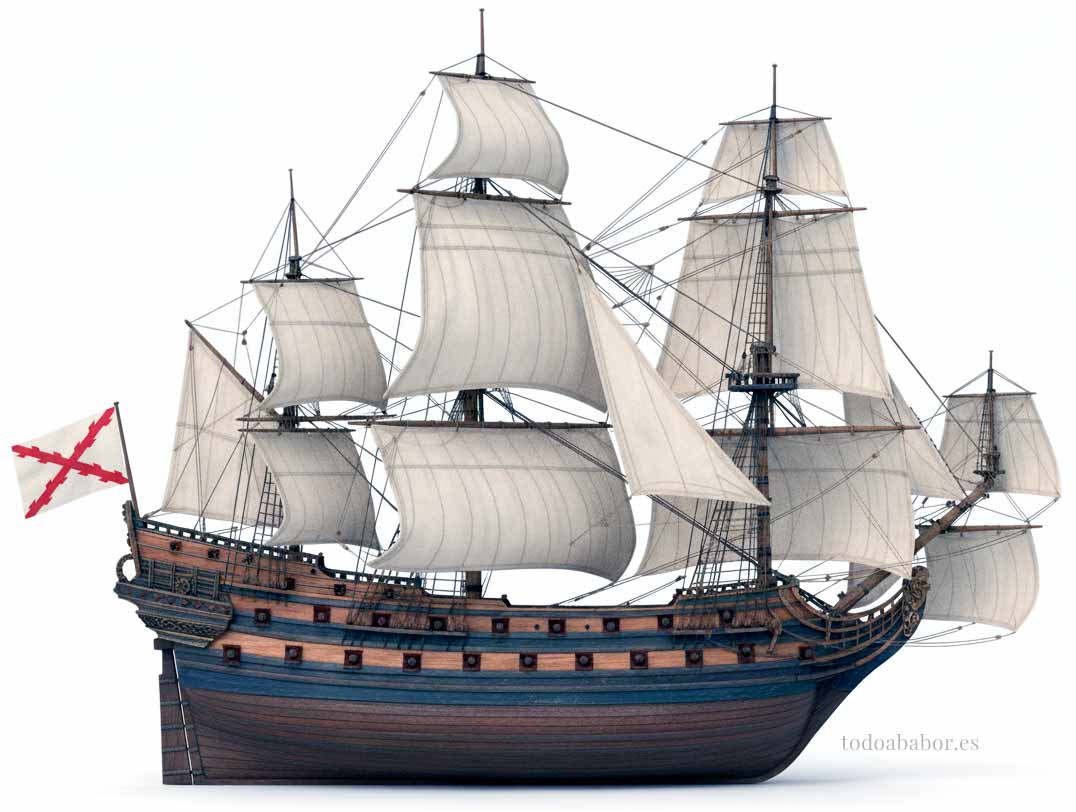 Imagen de Rafael Berenguer y Moreno de Guerra de un navío español del siglo XVII Recreación de un navío español de finales del siglo XVII, en base a una imagen de Rafael Berenguer y Moreno de Guerra. Ilustración de Todo a babor.