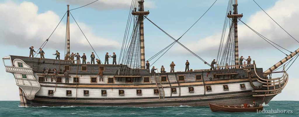 Navío Galga alistándose para entrar de nuevo al servicio en la Real Armada poco antes de su último viaje. Ilustración de Todo a babor.
