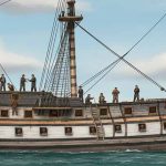 Navío Galga alistándose para entrar de nuevo al servicio en la Real Armada poco antes de su último viaje. Ilustración de Todo a babor.