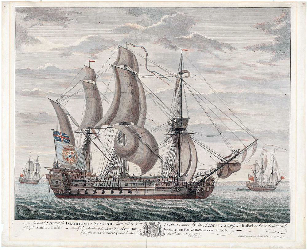 Grabado inglés, fechado el 24 de septiembre de 1748, en el que se representa al
Glorioso junto a otros navíos británicos dentro de la rada de Portsmouth.