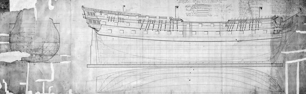Plano del navío HMS Saturn de 74 cañones, antes de convertirse en fragata.