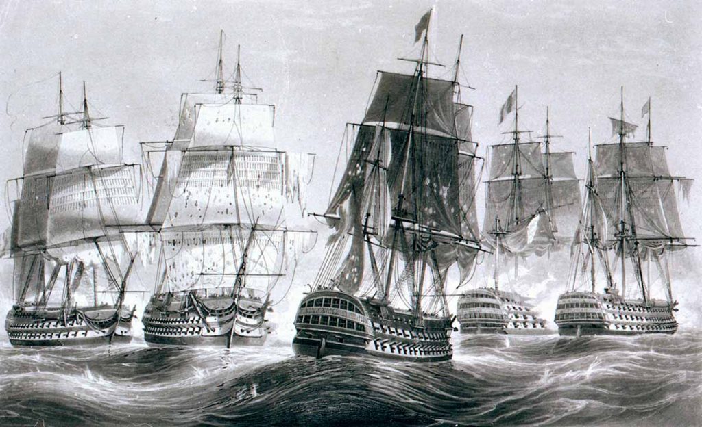 Pintura del la Batalla de Trafalgar en la que se ven los siguientes navíos de izquierda a derecha: Fougeux, Belleisle, Indomptable, Santa Ana (¡con pabellón francés!) y Royal Sovereign