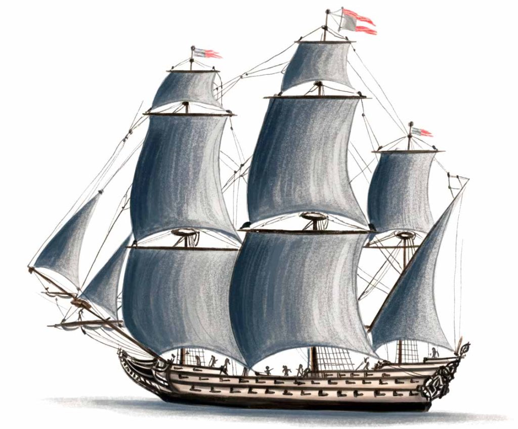Navío Lanfranco. Interpretación del aspecto de este navío según aparece en el siguiente documento: Detalle del Mapa de la Escuadra del Rey mandada por el Jefe de Escuadra D. Antonio Serrano estando en línea delante de Argel: Dedicada a S.M.C.D Phelipe V. (que Dios guarde) por el Theniente de Vajeles Don Ignazio Dauteuil. Biblioteca Nacional de España. Pintura de Todo a babor.