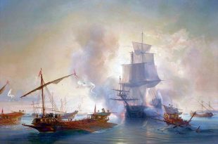 El buque de guerra francés Le Bon derrota a una gran flota de galeras españolas en el mar Mediterráneo en 1684