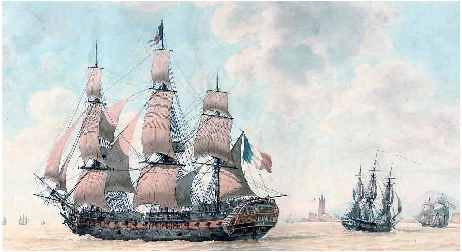 El navío Mont-Blanc frente a Marsella, con dos barcos mercantes al fondo, siendo español el de la derecha. Pintura de Antoine Roux.