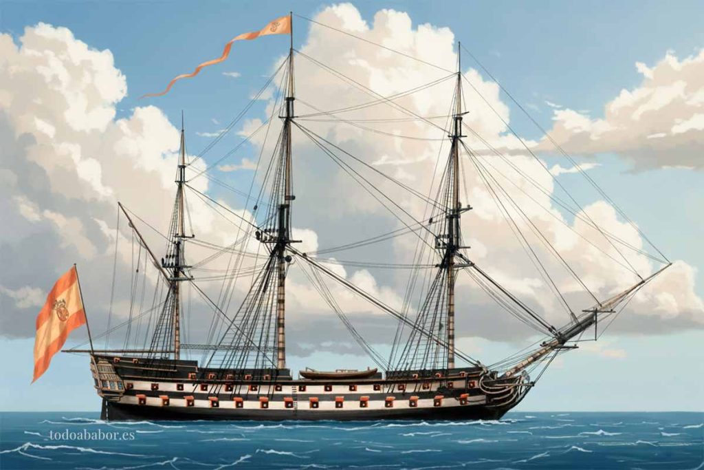 Vista de costado del navío Montañés, de 74 cañones. Pintura de Todo a babor.