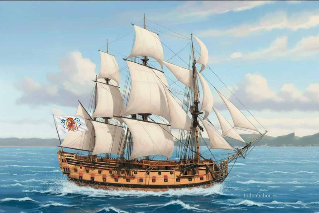 EL navío Potencia navegando a toda vela, persiguiendo a un navío neerlandés de 52 cañones (1726). Pintura de Todo a babor.
