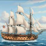 EL navío Potencia navegando a toda vela, persiguiendo a un navío neerlandés de 52 cañones (1726). Pintura de Todo a babor.