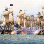 El navío Príncipe de Asturias a la derecha de la imagen, atacando al grueso de la escuadra británica en la batalla del Cabo de San Vicente.