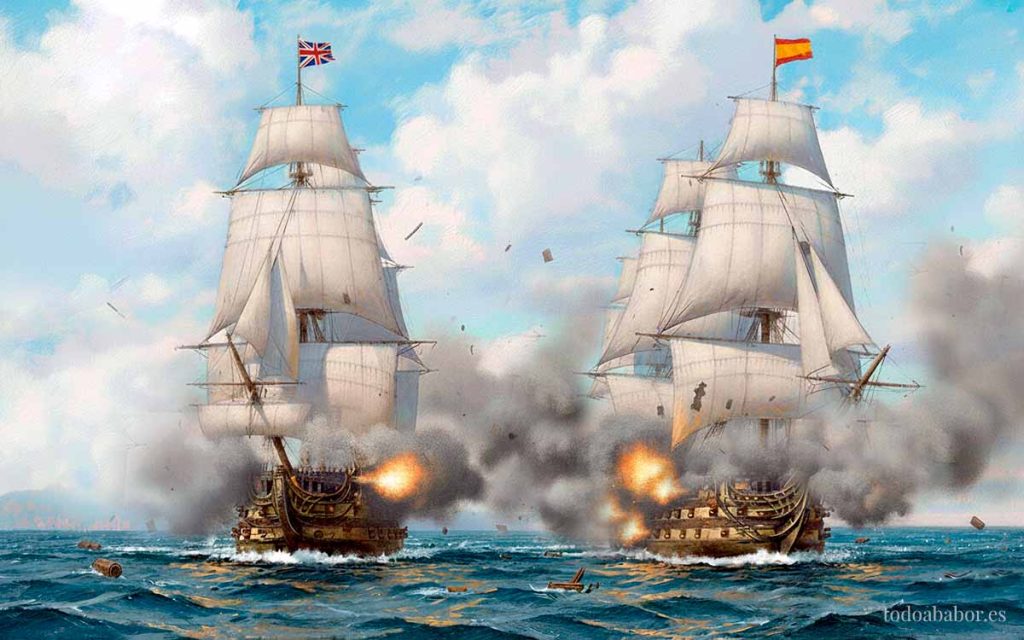El navío Príncipe de Asturias. de 112 cañones, en la batalla del Cabo de San Vicente, 14 de febrero de 1797. En esta batalla, nuestro navío fue de los pocos de la escuadra española que tuvo una actuación digna de alabanza. Composición de Todo a babor.