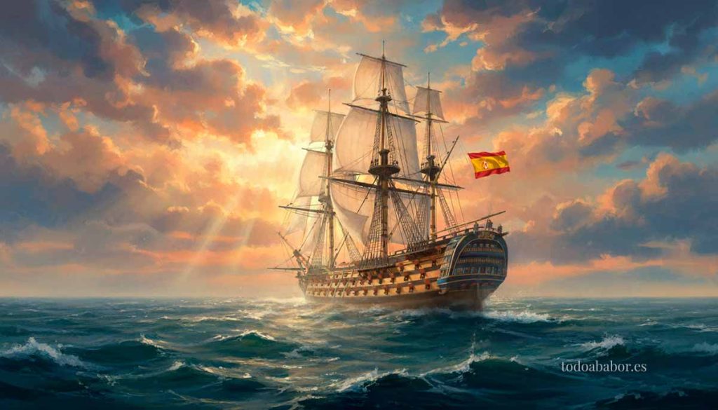 Navío Príncipe de Asturias, de 112 cañones, navegando hacia el sol de poniente. Ilustración de Todo a babor.