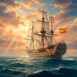 Navío Príncipe de Asturias, de 112 cañones, navegando hacia el sol de poniente. Ilustración de Todo a babor.
