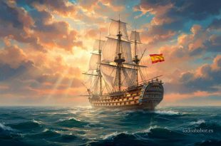 Navío Príncipe de Asturias, de 112 cañones, navegando hacia el sol de poniente. Ilustración de Todo a babor.