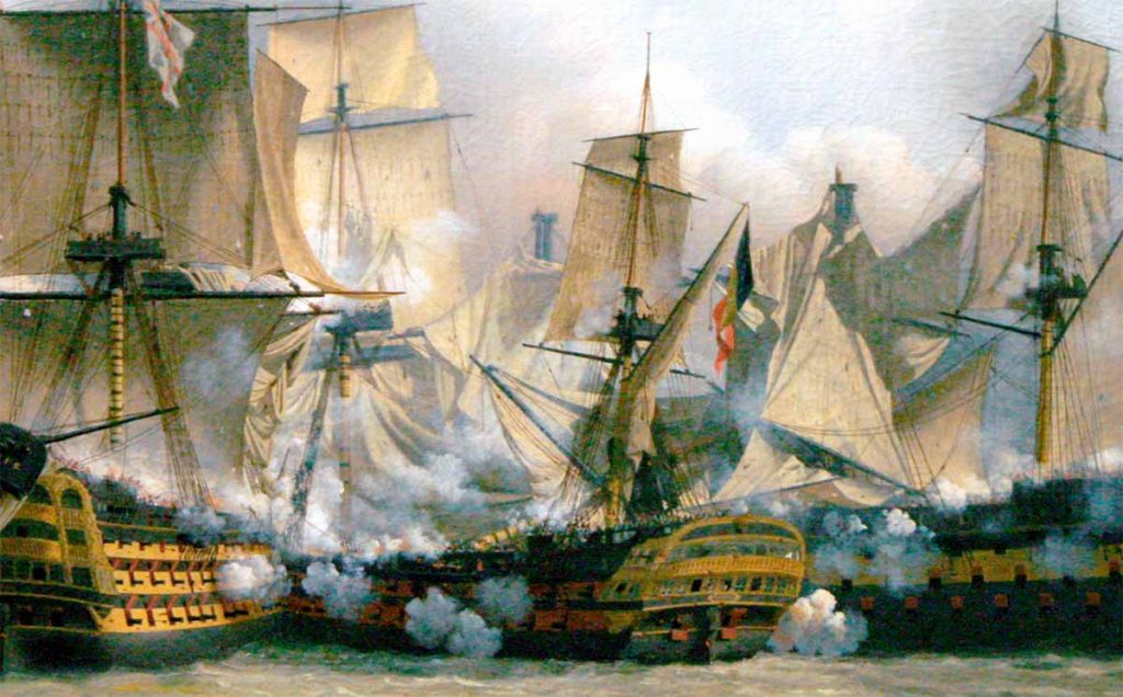 Detalle de la pintura "El Redoutable en la Batalla de Trafalgar" con el navío francés en el centro, luchando contra el Victory a la izquierda y el Temeraire a la derecha