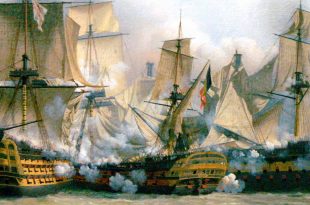 Detalle de la pintura "El Redoutable en la Batalla de Trafalgar" con el navío francés en el centro, luchando contra el Victory a la izquierda y el Temeraire a la derecha