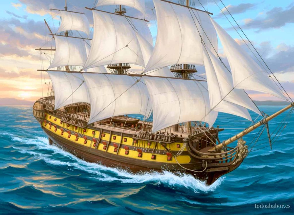 Navío San Agustín navegando a toda vela. Pintura de Todo a babor.