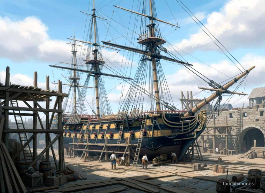 Navío San Lorenzo en el astillero de Guarnizo en 1768. Pintura de Todo a babor.