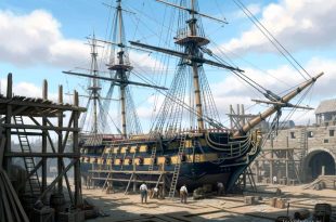 Navío San Lorenzo en el astillero de Guarnizo en 1768. Pintura de Todo a babor.