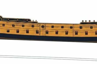Perfil del navío Triunfante, basado en el plano PB-0079 del Museo Naval de Madrid. Ilustración de Todo a babor.