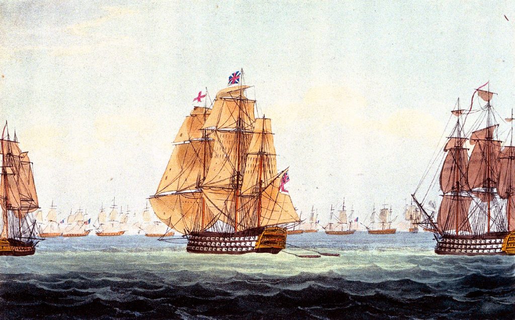 Los navíos Victory y Temeraire aproximándose a la escuadra franco española.
