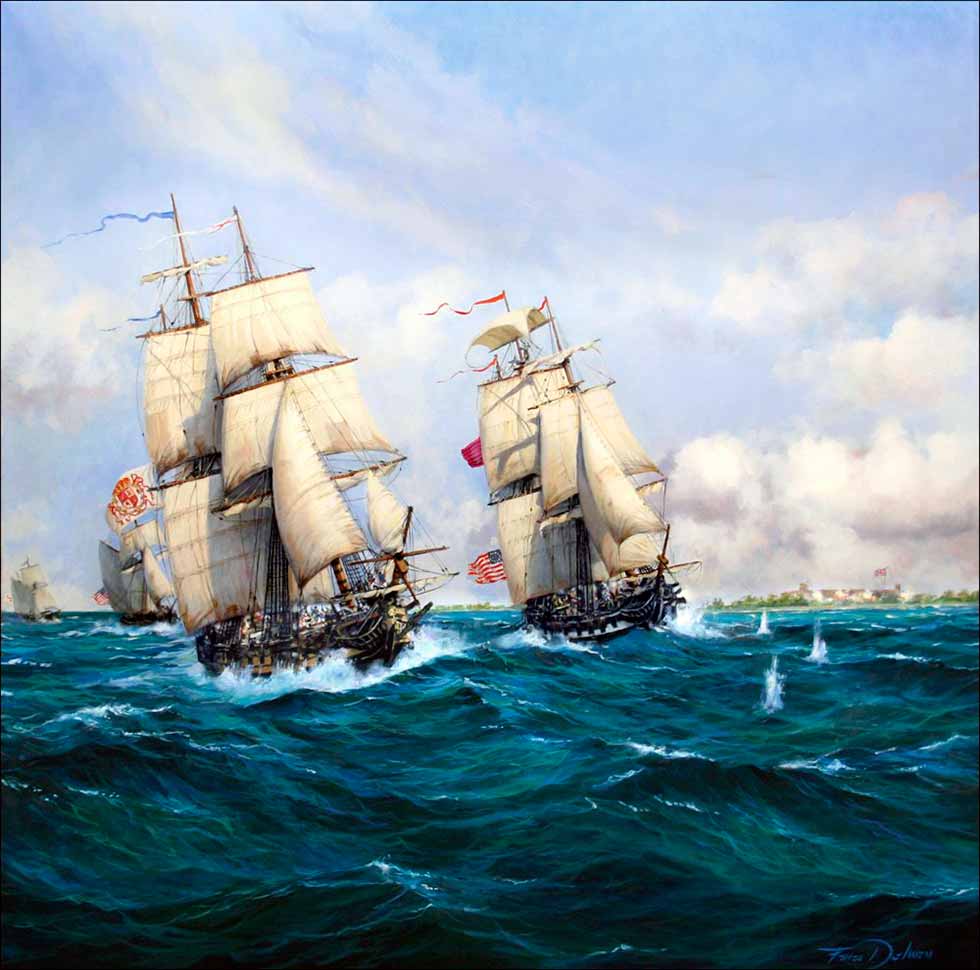«Pabellones hermanos», pintura de Augusto Ferrer-Dalmau. En este preciosa pintura vemos a embarcaciones españolas y estadounidenses en combate contra los británicos durante la conquista de las Bahamas en 1782.