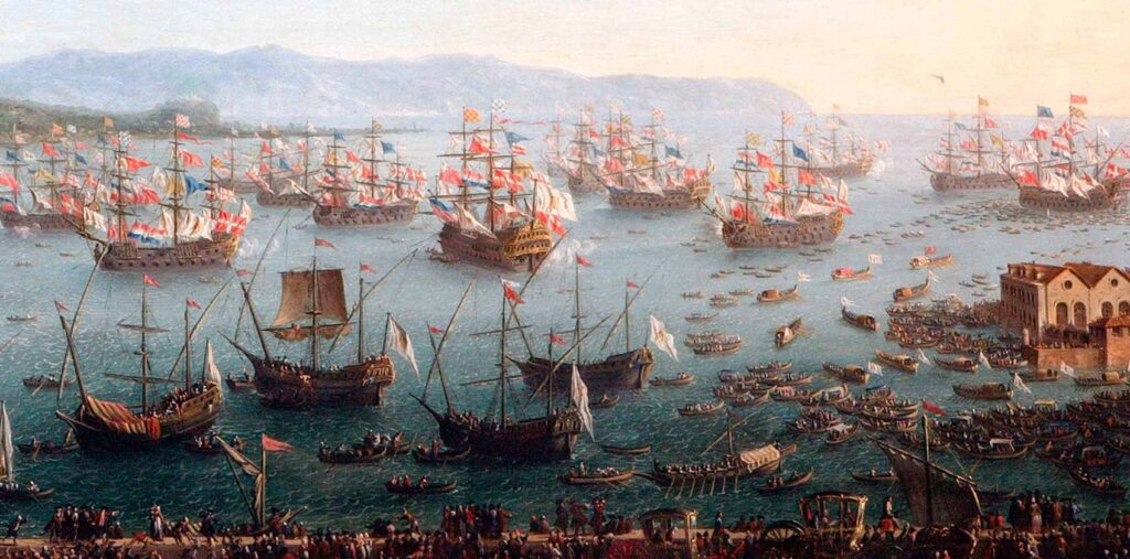 Partida de Carlos III de Nápoles. Pintura de Antonio Joli. Museo Nacional del Prado. Entre los navíos estaba el Triunfante.