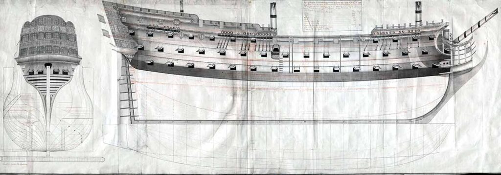 Plano de un navío de 114 cañones, por Ignacio Mullan, delineador de construcción del Arsenal de la Carraca, siguiendo el proyecto de su padre Matheo. Fechado en 1759. Este plano es en el cual se basaron para la construcción del modelo de arsenal de este artículo. 