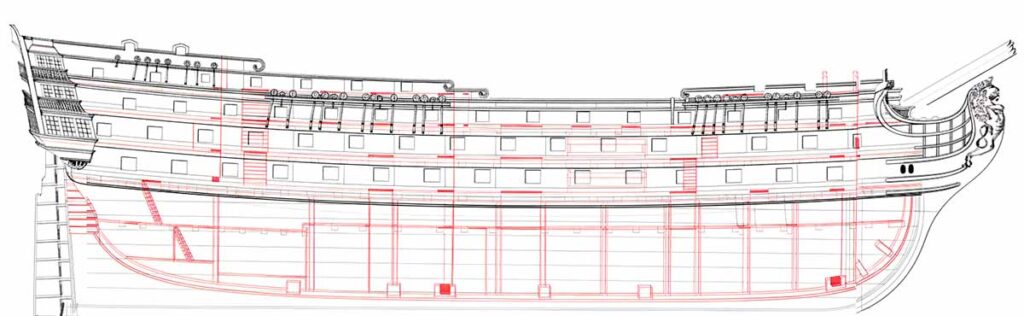 Plano del navío Santa Ana, por el ingeniero jefe José Joaquín Romero y Fernández de Landa.