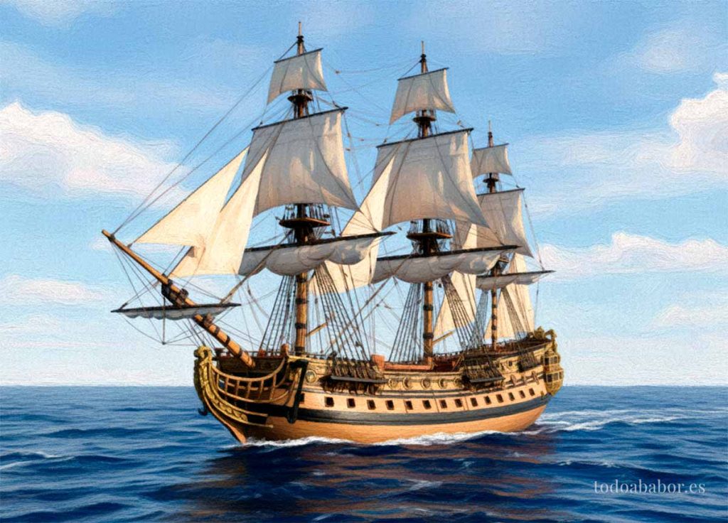 Segundo navío llamado Príncipe de Asturias en la Real Armada, navegando en su servicio español. Pintura de Todo a babor.