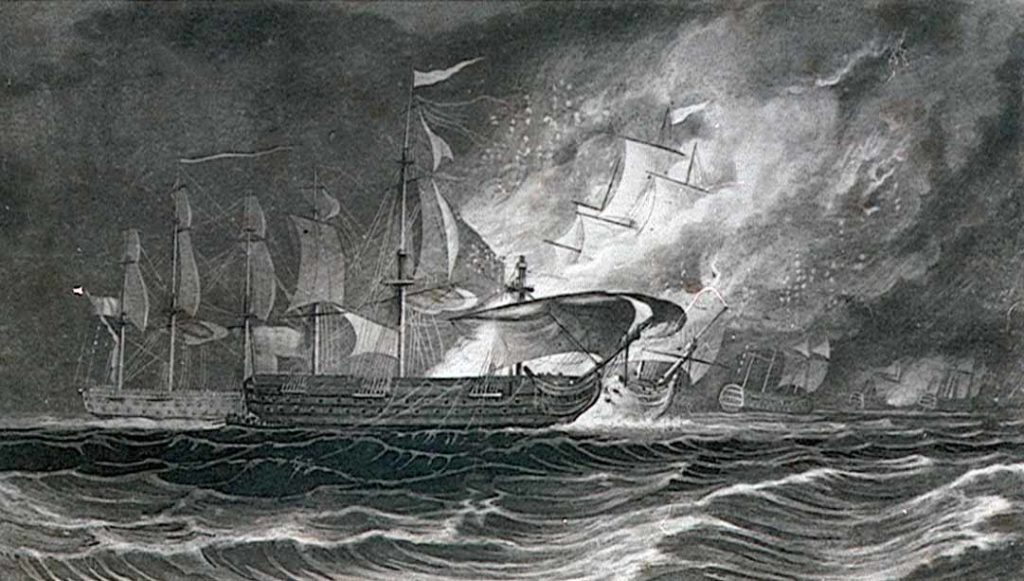 Navío San Hermenegildo, en primer plano, ardiendo junto al navío Real Carlos. 