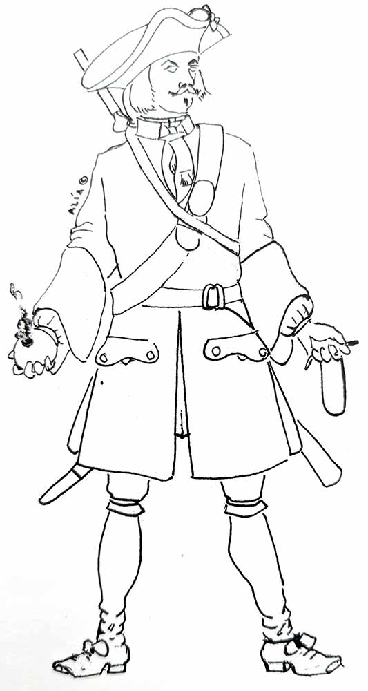 Soldado de batallones, preparándose para lanzar una granada. Dibujo de Miguel Alía Plana, 1996. De "Historia de los uniformes de la Armada española (1714-1814)". Miguel Alía Plana y Jesús María Alía Plana. Ministerio de Defensa. Instituto de Historia y Cultura naval. Así debía ser el aspecto del uniforme de soldado que tratamos en este artículo.