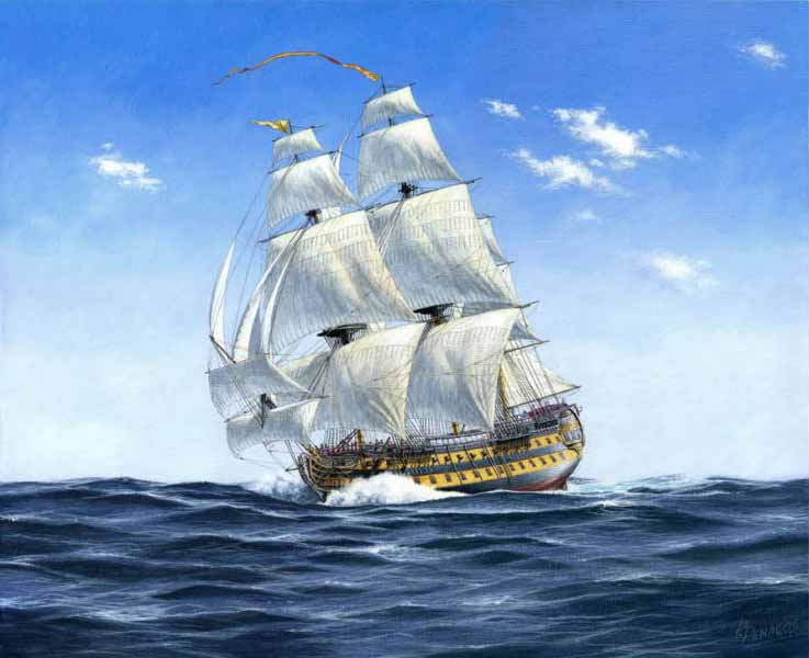 "Volando a Haití". Pintura de Carlos Parrilla con el navío "Argonauta" de Gravina.